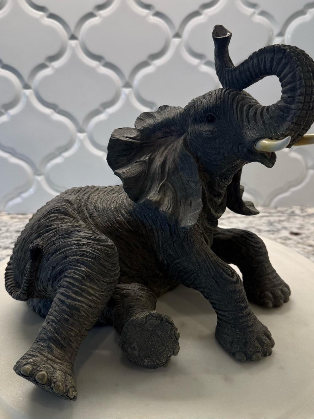 Resin Baby Elephant Figurine in Playful Trunk Raised Up Pose for Luck Prosperity